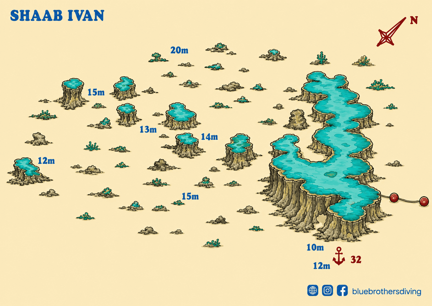 Shaab Ivan dive site map illustrating rock formations, winding water, and marked depths.