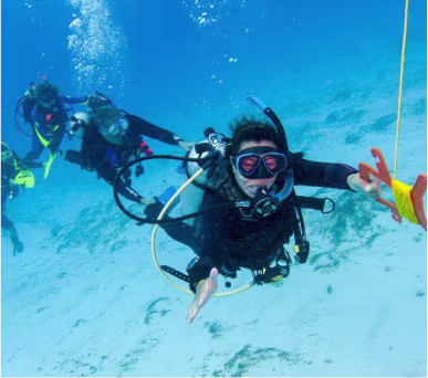 Drifttaucher schwimmen mit Signalboje im Roten Meer