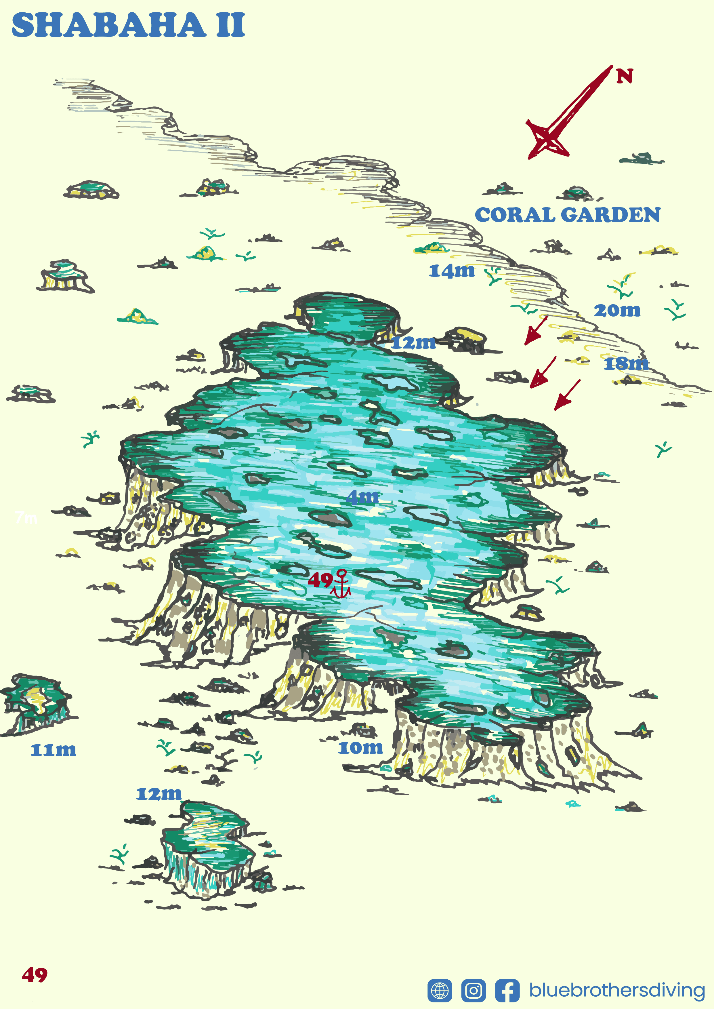 Hand-drawn map of Shabahaa II underwater dive site showing coral gardens and marine life.